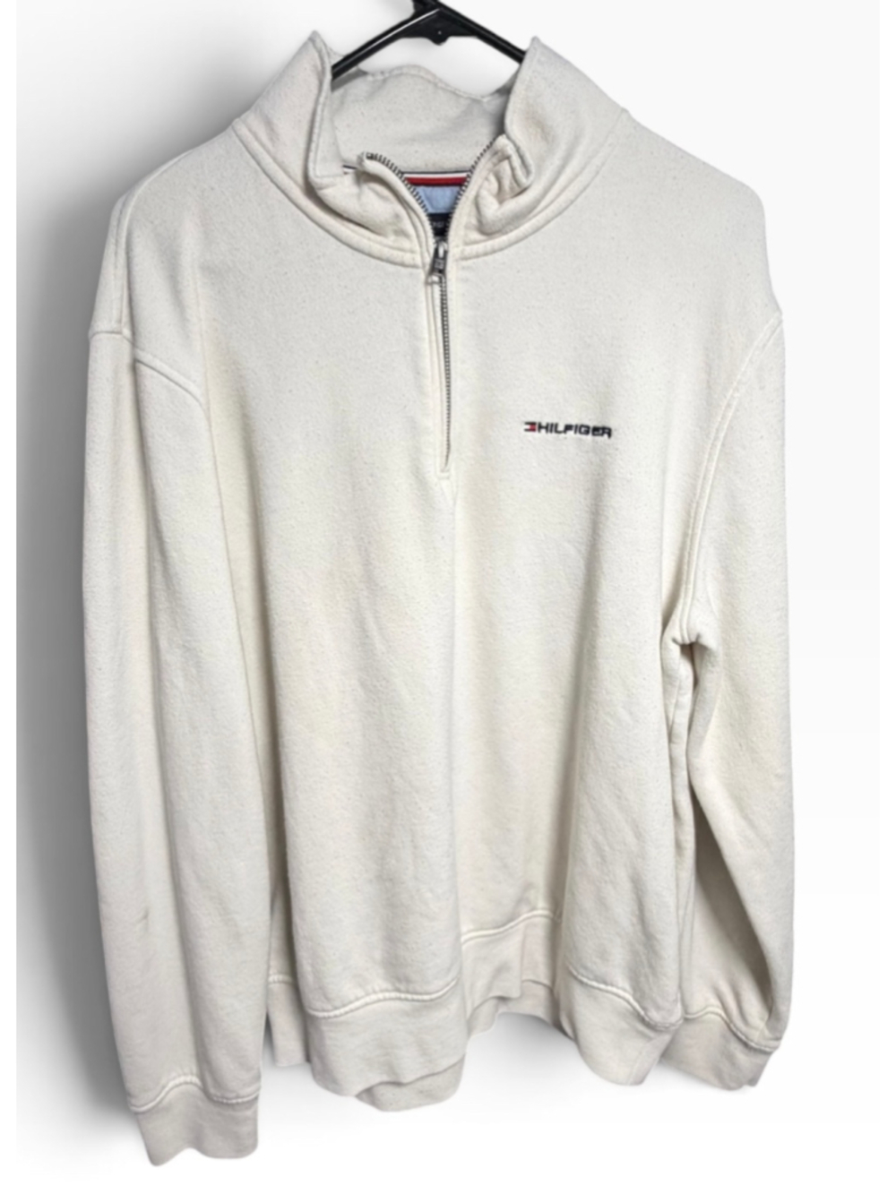 Vtg Men's Tommy Hilfiger Quarter Zip Sweatshirt White Size L